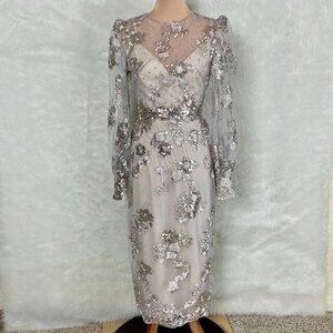 Mac Duggal 70237 Beige Gold Mesh Sequin Floral Embroidered Beaded Sheath Dress 4